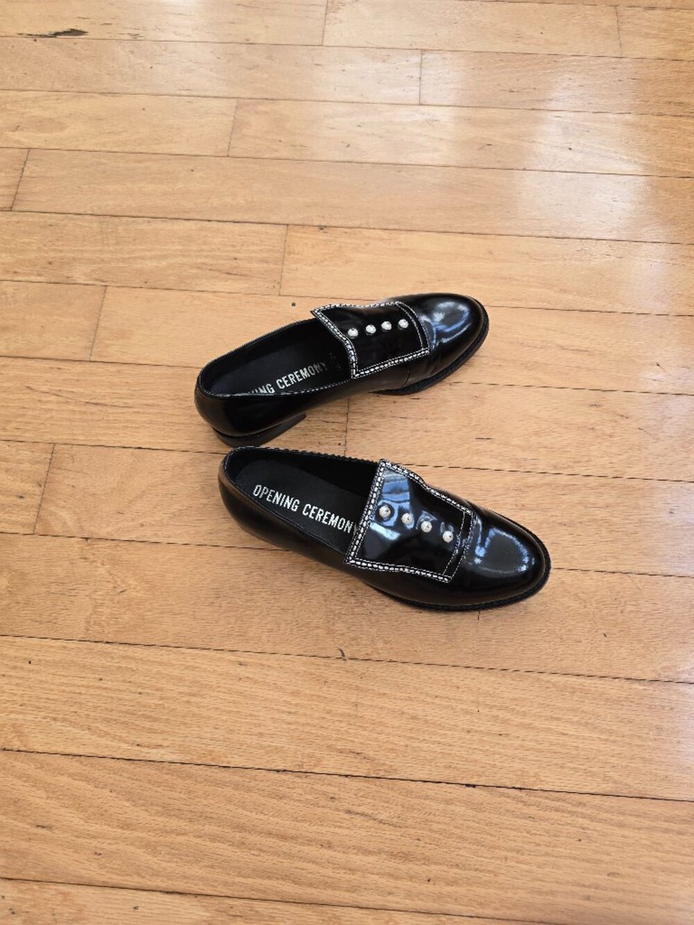Opening Ceremony | Black Patent Leather Pearl Embellished Goth Loafers | WMS 6